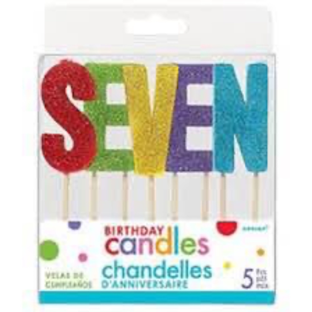 BRAND NEW sealed seven glitter happy birthday candles 5 pieces (4”)